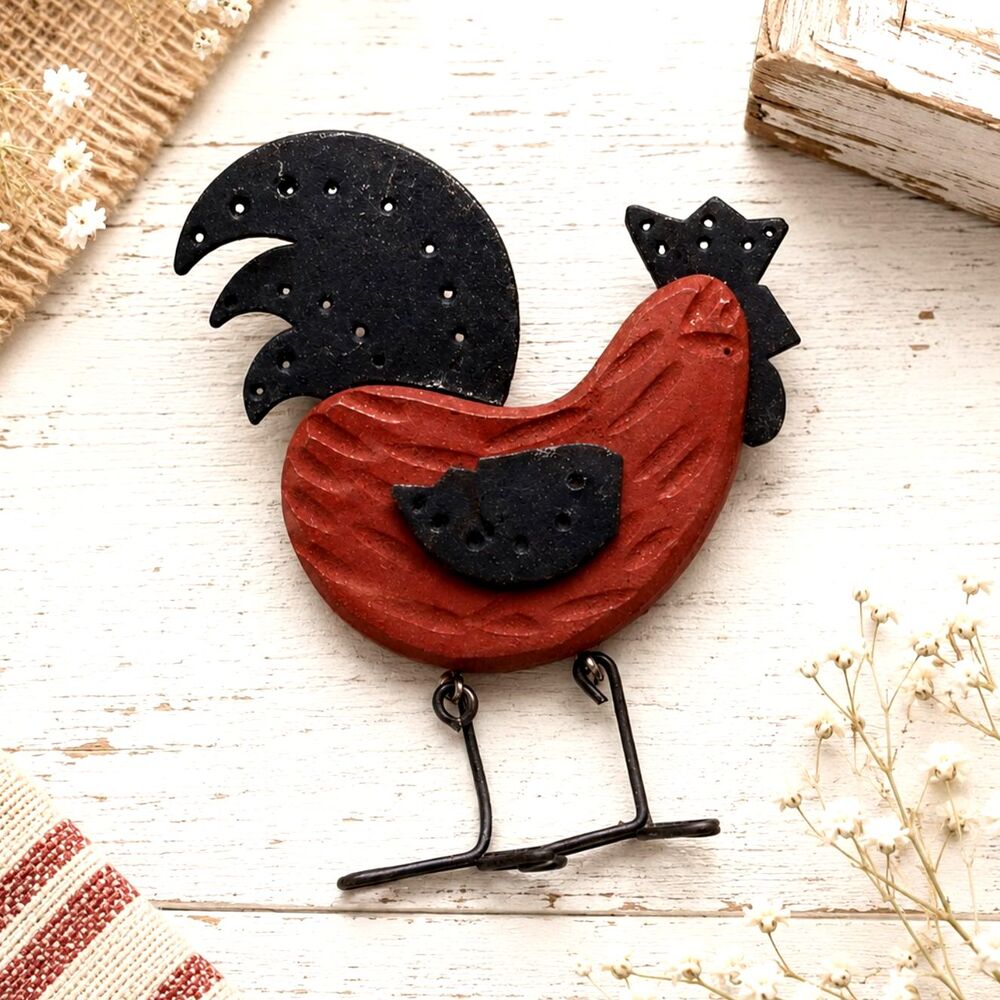 Primative Farmhouse Inspired Wood and Metal Rooster Brooch